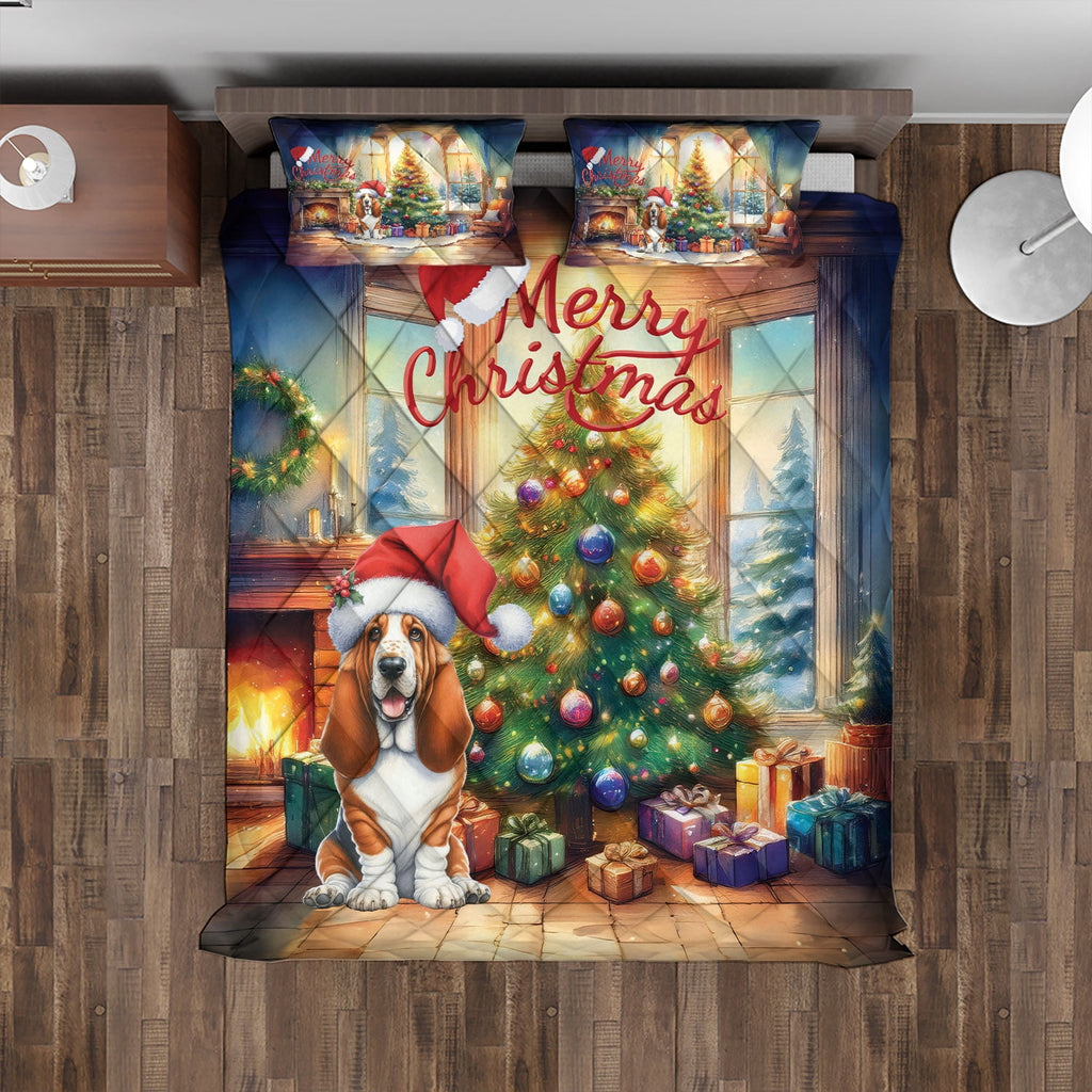 Merry Christmas French Bulldog Santa Hat Xmas Tree Winter Holiday Quilt Bedding Set Dog Lover Gifts 1 Blanket Bed Cover 2 Pillowcases - 01013