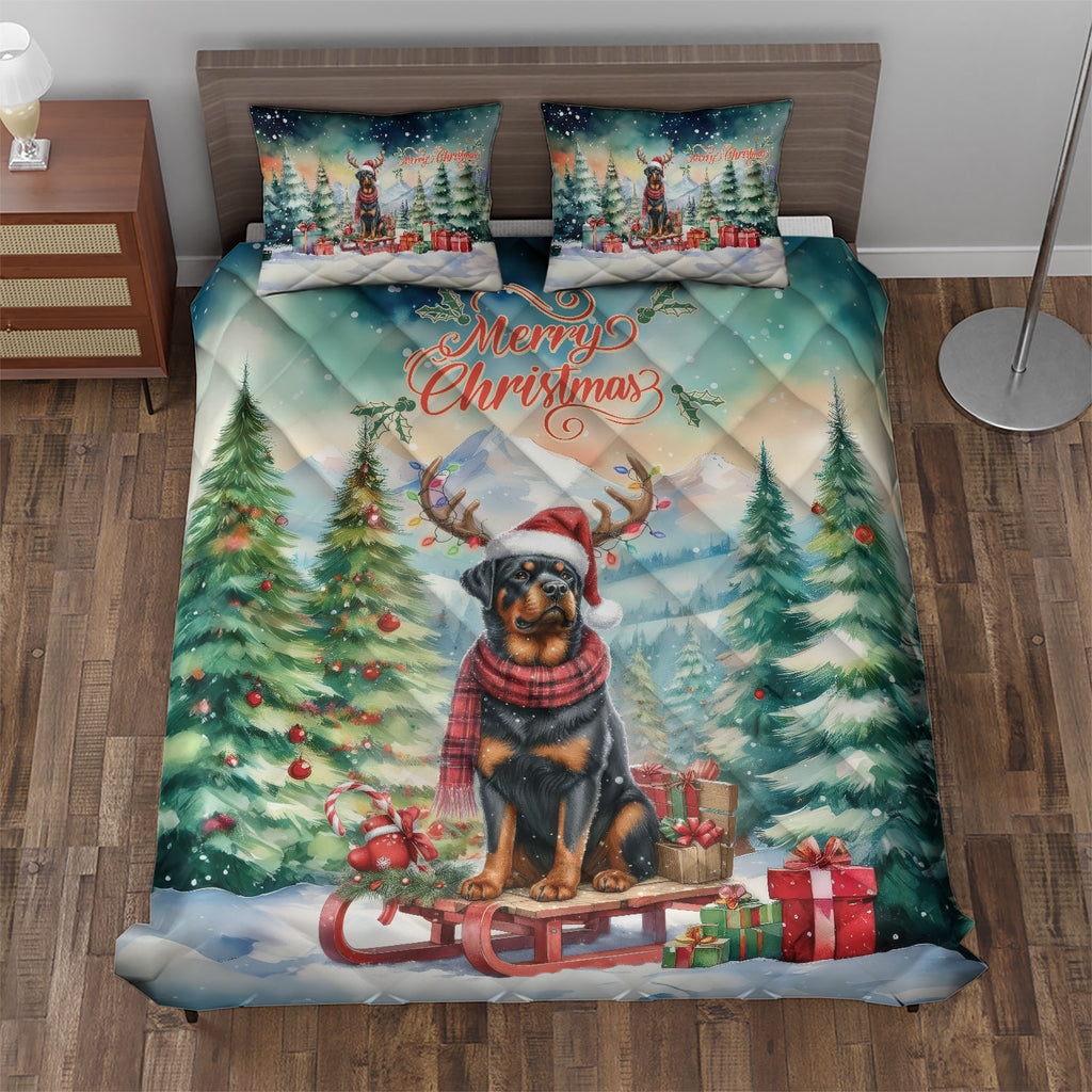 Merry Christmas Santa Reindeer Antlers French Bulldog Sleigh Xmas Winter Holiday Quilt Bedding Set Dog Lover Gifts 1 Blanket Bed Cover 2 Pillowcases - 00023