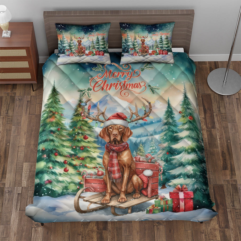 Merry Christmas Santa Reindeer Antlers French Bulldog Sleigh Xmas Winter Holiday Quilt Bedding Set Dog Lover Gifts 1 Blanket Bed Cover 2 Pillowcases - 00023