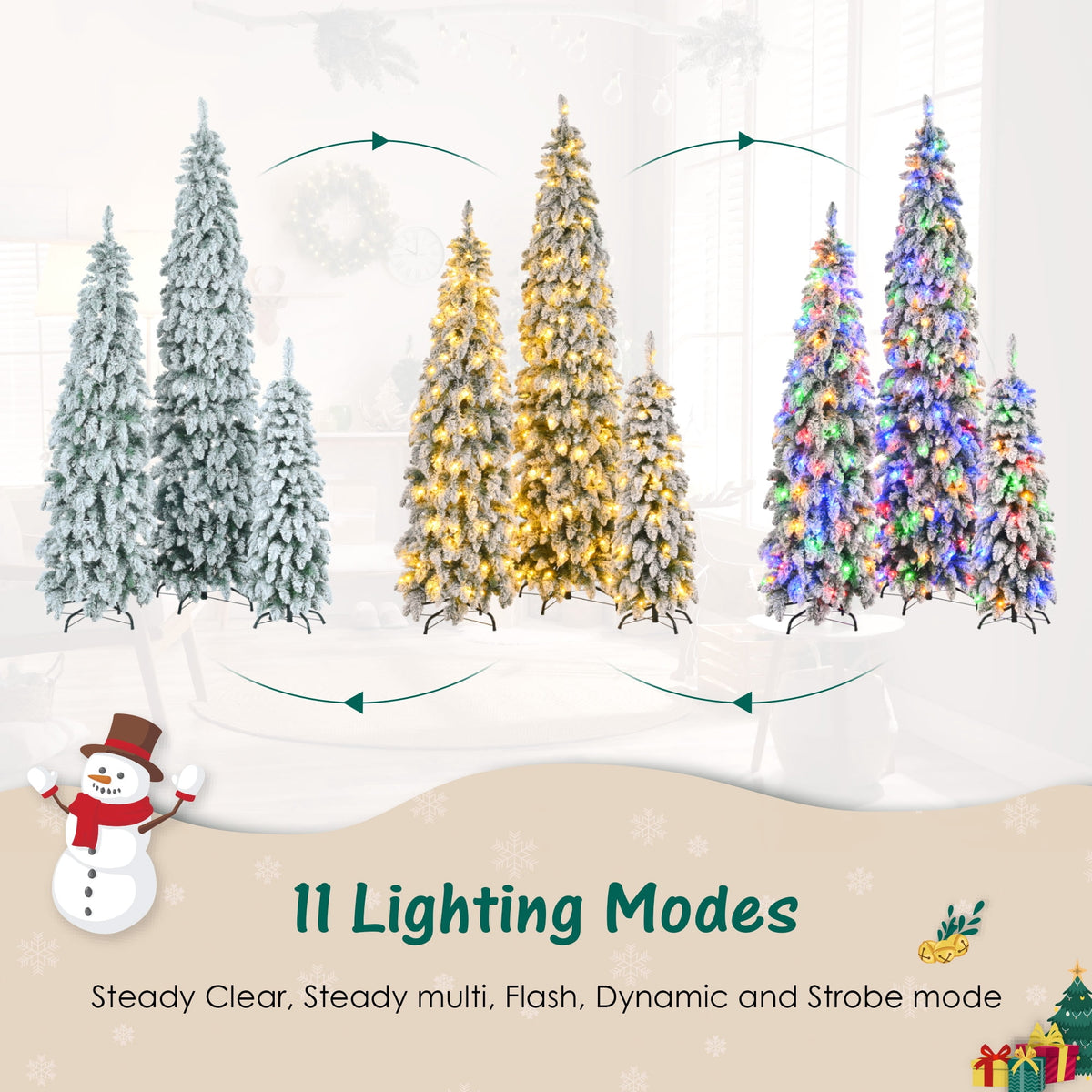 Euroco 8FT, 6FT, 4FT Pre-Lit Pencil Christmas Trees, 3-set Slim Artificial Christmas Tree With Snow Flocking, Xmas Holiday Decoration Tree, 1455 Branch Tips, 520 LED Lights, 11 Lighting Modes
