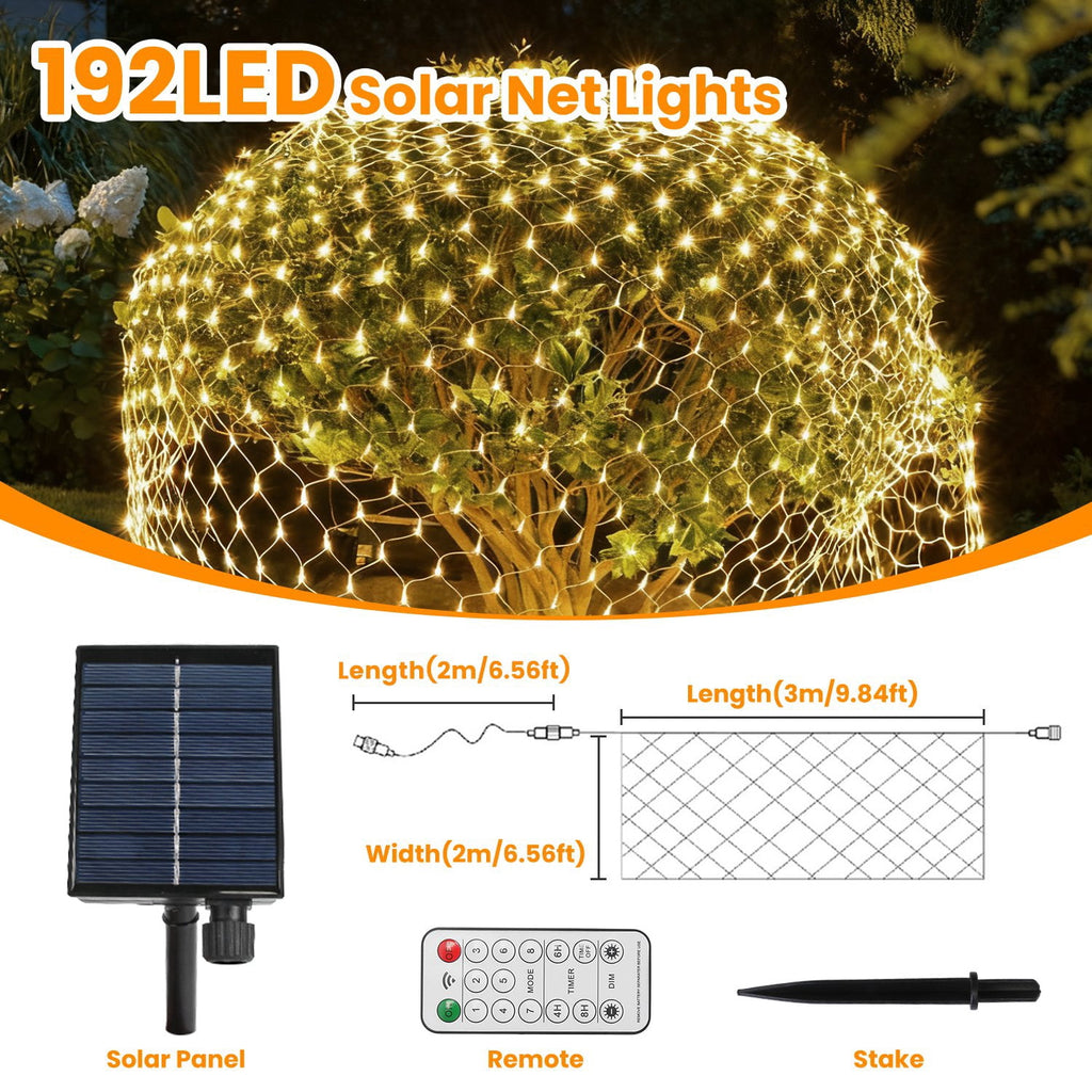 TeqHome Solar Christmas Lights 192 LED 9.8x6.6Ft Christmas Net Lights IP44 Waterproof Christmas Decorations for Garden Patio Yard Xmas Party
