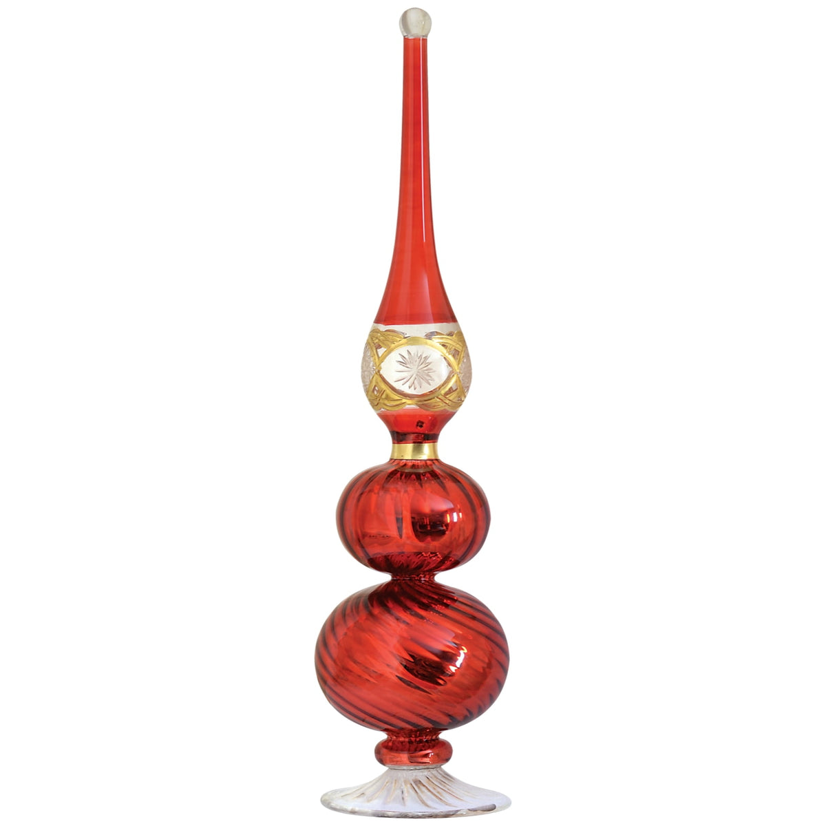 Shiny Red Gold Etched Egyptian Glass Christmas Tree Topper Made in Egypt 11.5 In