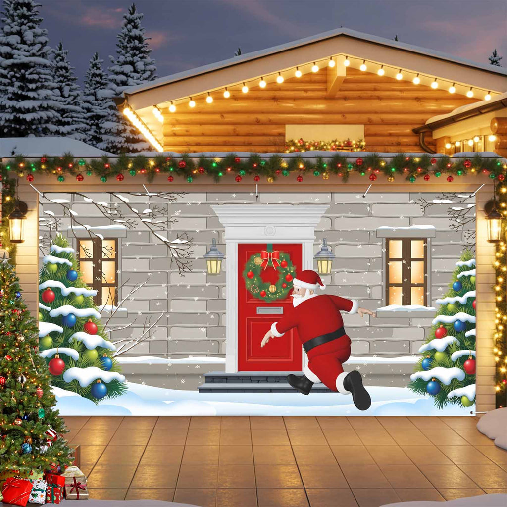 Fsddascl 7 x 16 Ft Christmas Garage Door Cover, Black Christmas Tree Large Garage Door Banner, Xmas Snowflake Green Golden Hanging Garage Mural Background for Indoor Outdoor Xmas Party Supplies