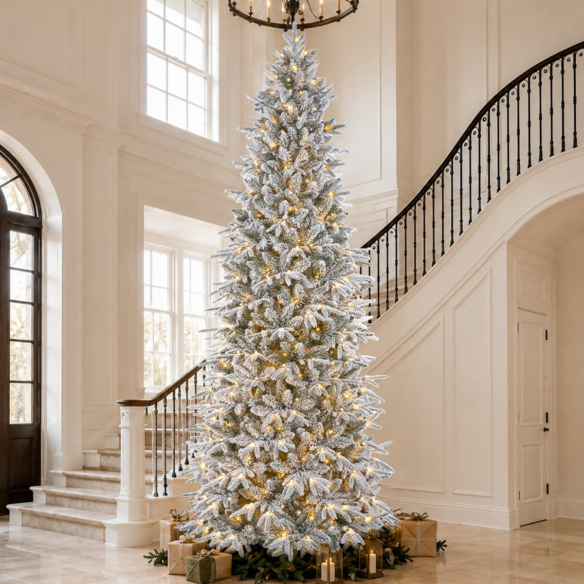 Goosiay 7FT Pre-Lit Flocked Fir Christmas Tree, 1060 PE & PVC Tips, 300 Warm White LED Lights, Snowy Hinged Artificial Christmas Tree for Living Room & Holiday Decor