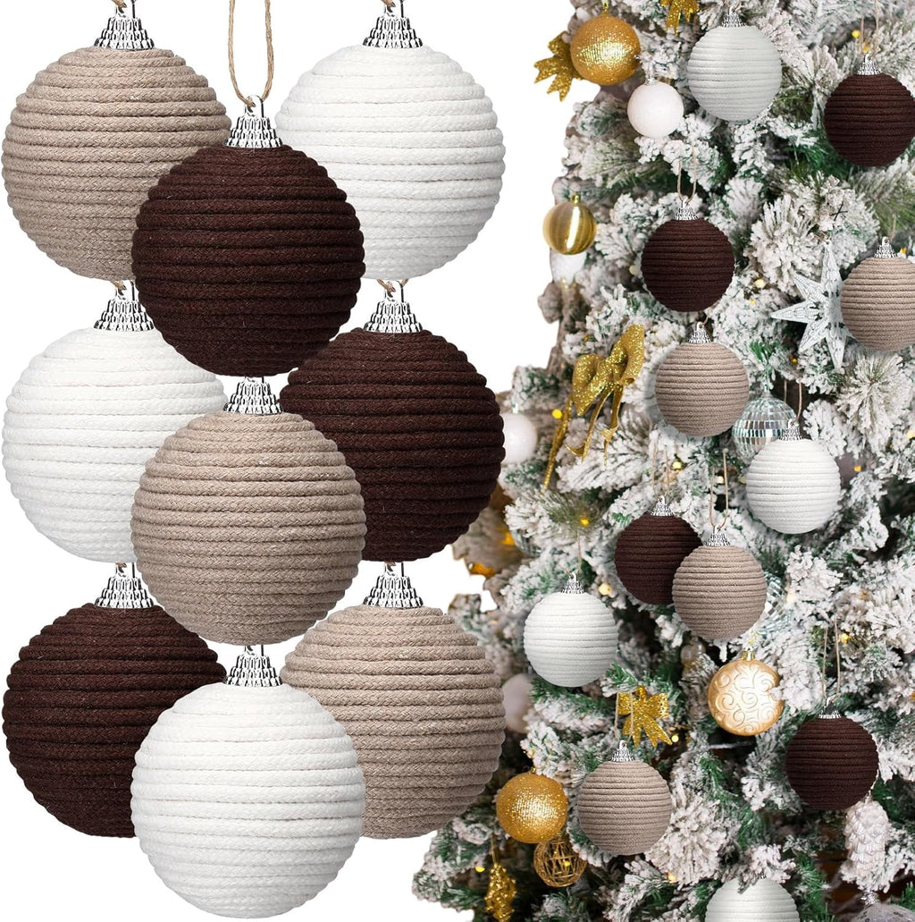 9Pcs 9 Pcs 2.36 Inch Christmas Ball Ornaments Farmhouse Jute Rope Hanging Balls Burlap Neutral Rustic Ornaments for Xmas Tree Holiday Wreath Garland Wedding Home(White,Beige,Dark Brown)