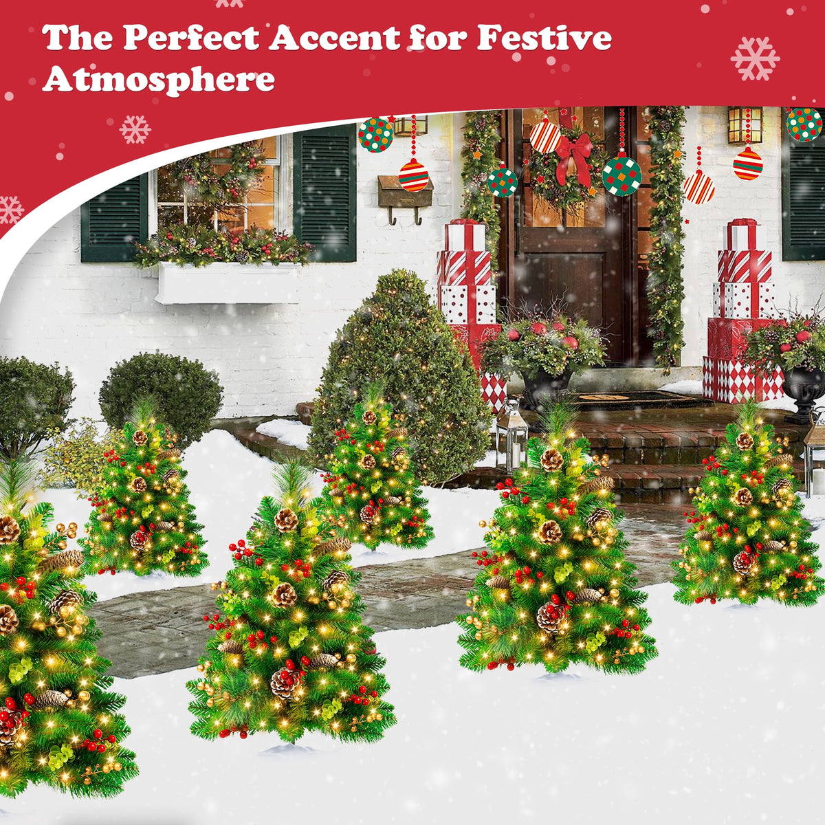 Yexmas 2PCS Small Outdoor Christmas Trees with LED Lights,30" Artificial Xmas Decora for Porch,Yard,Pathway,Garden,PVC