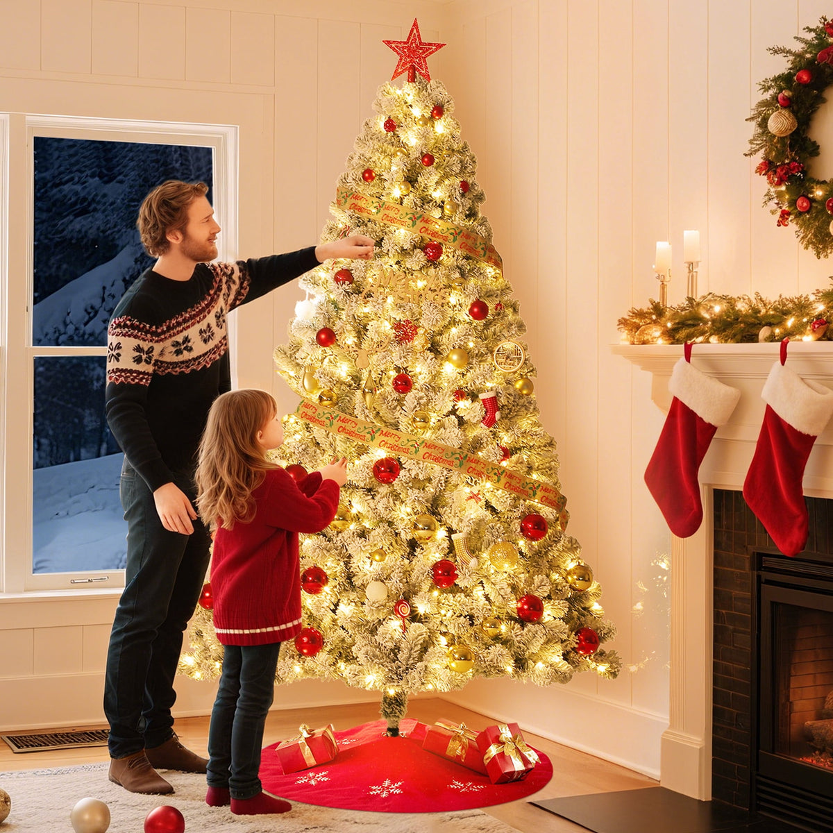 JoanKaren 7.5' Pre-Lit Green Artificial Christmas Tree,Metal Stand Full Xmas Tree with 600 Multicolor Lights