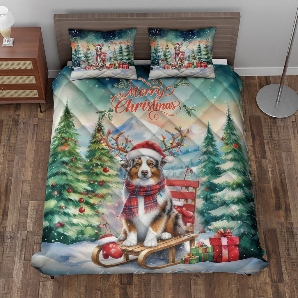 Merry Christmas Santa Reindeer Antlers French Bulldog Sleigh Xmas Winter Holiday Quilt Bedding Set Dog Lover Gifts 1 Blanket Bed Cover 2 Pillowcases - 00023