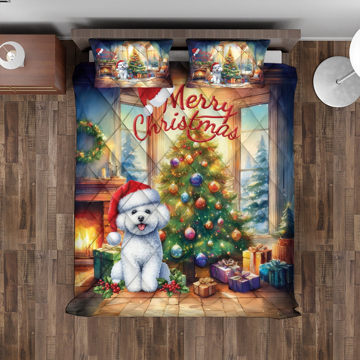 Merry Christmas French Bulldog Santa Hat Xmas Tree Winter Holiday Quilt Bedding Set Dog Lover Gifts 1 Blanket Bed Cover 2 Pillowcases - 01013