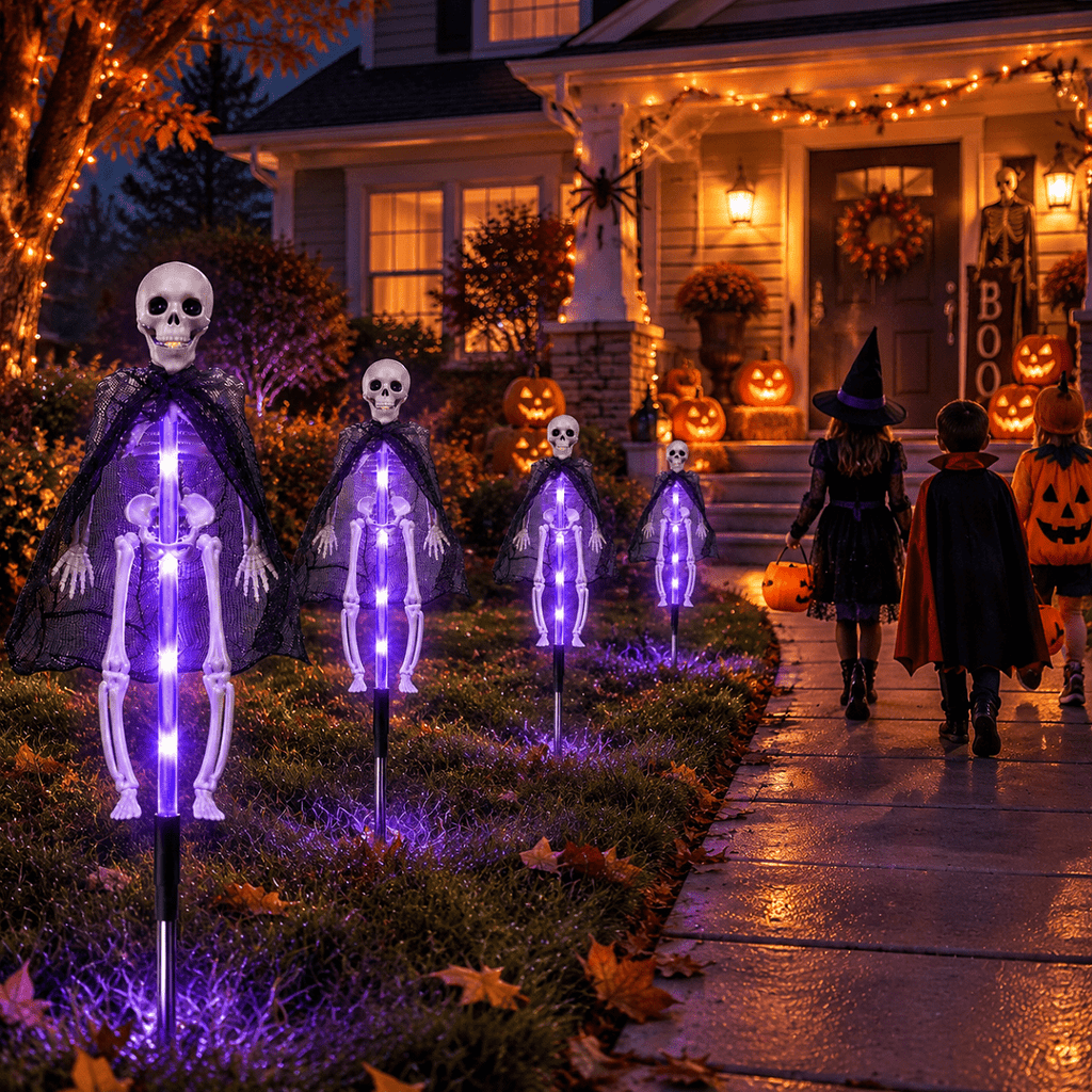 4 Pack Solar Halloween Skeleton Lights , 8 Modes Purple LED Skull Pathway Stakes, Outdoor Yard Decorations for Front Porch Lawn Garden, Waterproof Halloween Decor