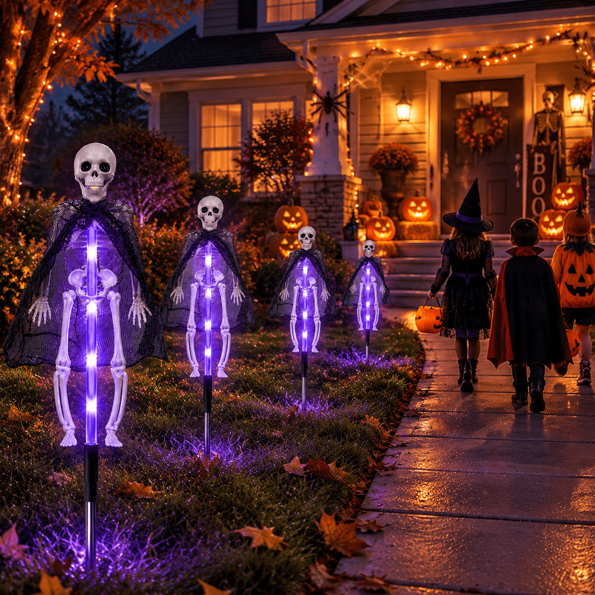 4 Pack Solar Halloween Skeleton Lights , 8 Modes Purple LED Skull Pathway Stakes, Outdoor Yard Decorations for Front Porch Lawn Garden, Waterproof Halloween Decor