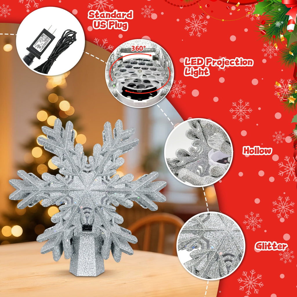 Christmas Tree Topper, Snowflake Tree Toppers Lighted Indoor with Rotating 3D Snowflake LED Projector, Hollow Glitter Lighted for Christmas Tree Decorations Holiday Ornaments, Sliver