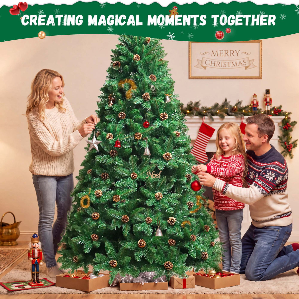 Yexmas 6FT Pre-Lit Green Christmas Tree with Pinecones, Artificial Xmas Tree with Large Storage Bag for Indoor Christmas Decorations