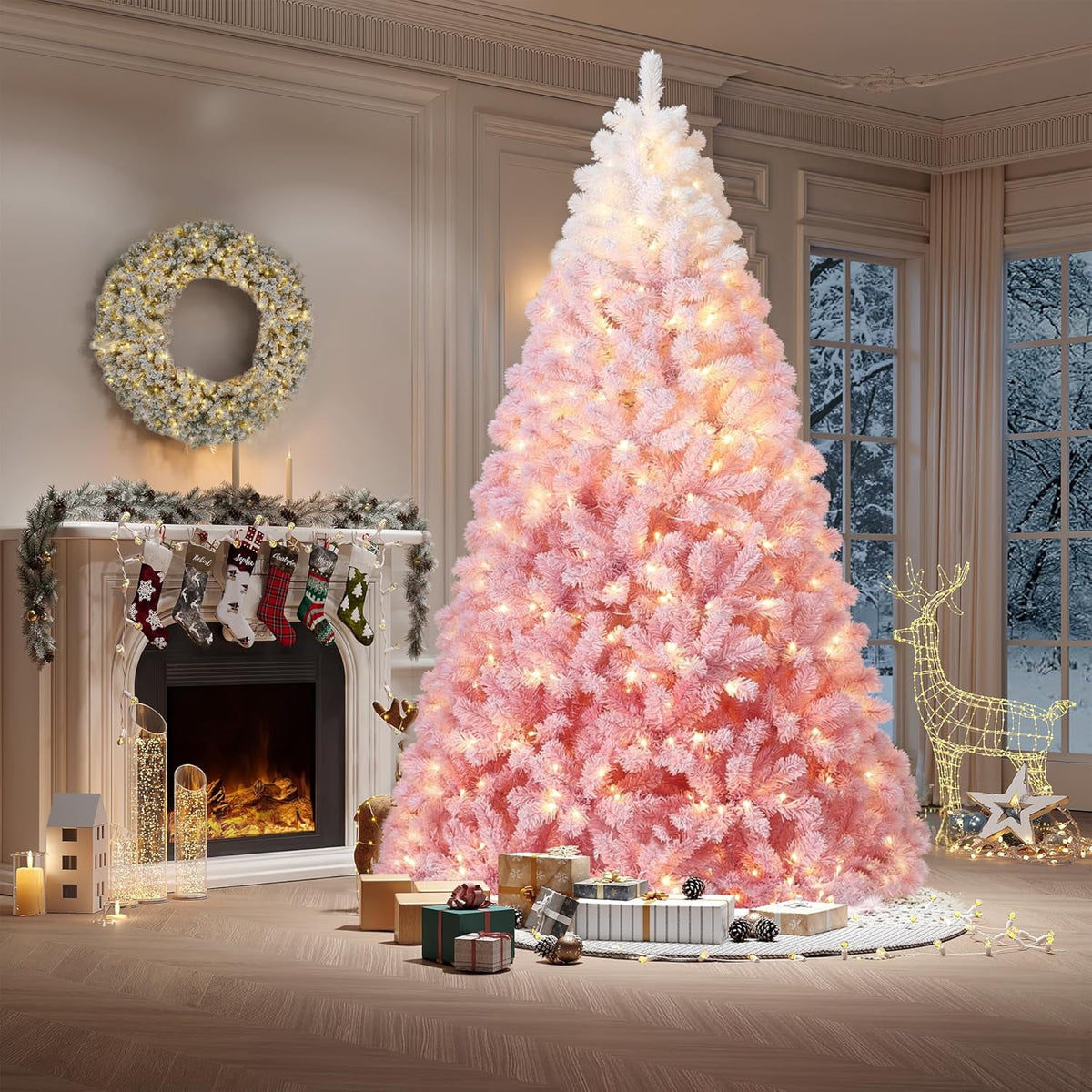 4.5/6/7.5/9/12 ft Artificial Christmas Tree with Warm White LED Lights, Pink Gradient Snow Frosted Xmas Tree for Holiday Decoration with 300 Realistic Branch Tips & Metal Stand