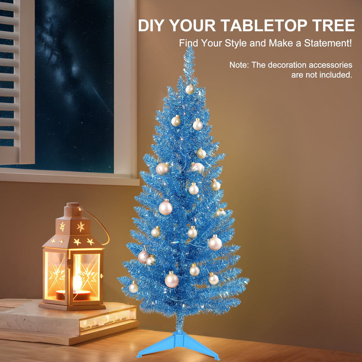 Bringstar 4FT Silver Artificial Christmas Tree with 50 String Lights, Mini Tinsel Tree, Not Pre-Lit, for Halloween & Holiday Home & Office Décor