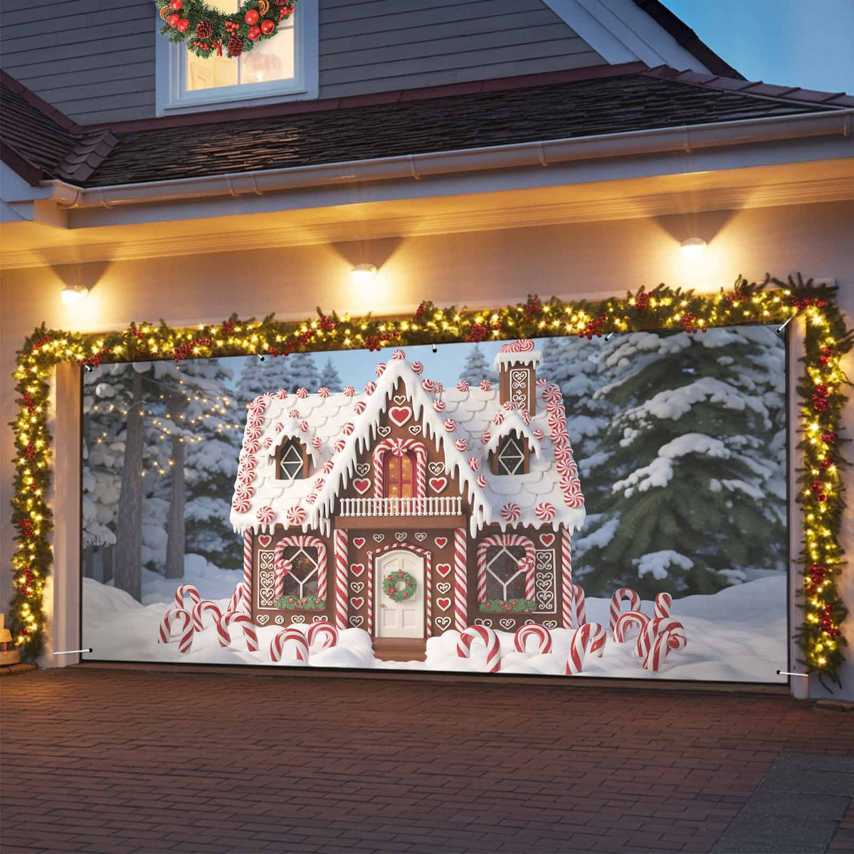 Fsddascl 7 x 16 Ft Christmas Garage Door Cover, Black Christmas Tree Large Garage Door Banner, Xmas Snowflake Green Golden Hanging Garage Mural Background for Indoor Outdoor Xmas Party Supplies