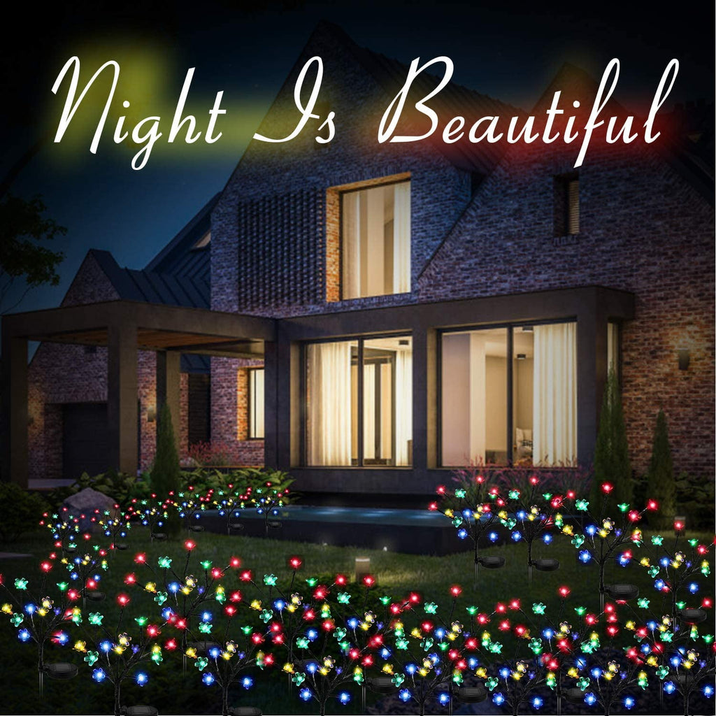 QiShi 2 Pack Solar Fairy Lights Waterproof Multi-Color Solar Powered Garden Lights, Solar Flower Lights with 20 Cherry Blossom, Bigger Solar Panel for Pathway Patio Yard Christmas Decor