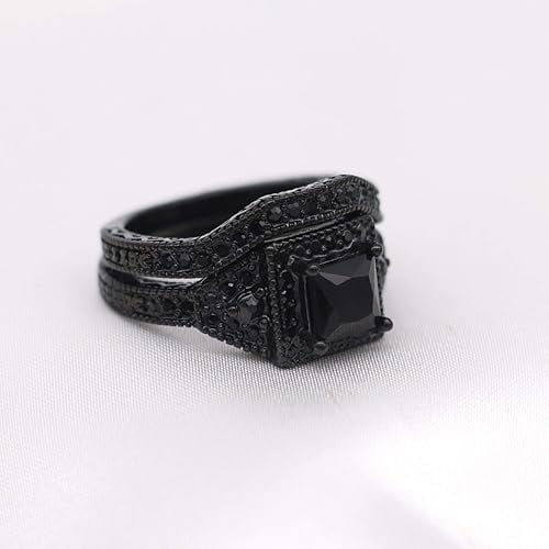 Rag Jewels 925 Sterling Silver 2.00 Ct Princess Cut Black Diamond Wedding Engagement Christmas Bridal Ring Set 14K Black Gold Plated For Women's -5