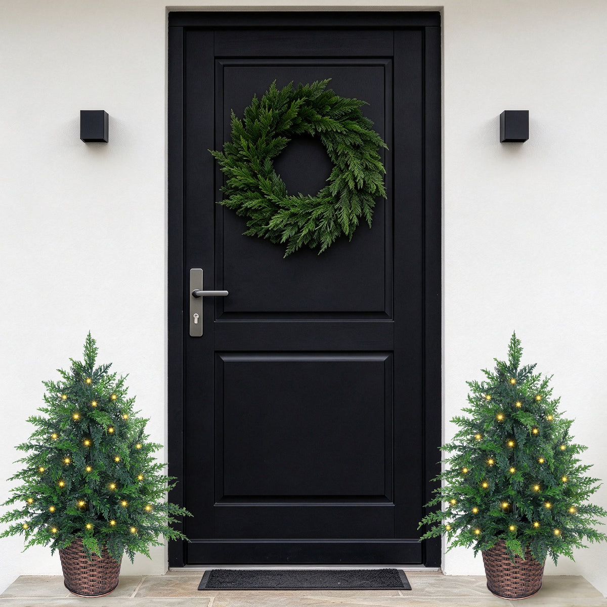 Firstness 4Ft Pre-Lit Potted Christmas Trees with 8 Lighting Modes, PE Cypress Artificial Tree for Porch Entryway Indoor Outdoor Decor