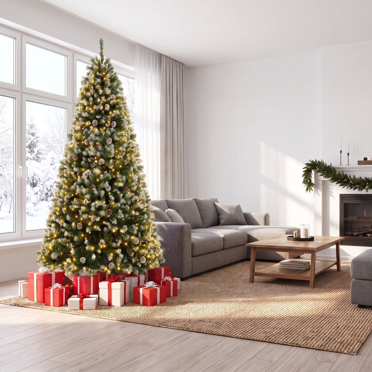Legooin 6FT Pre-lit Christmas Tree Flocked Artificial Xmas Tree with 800 Branch Tips, 300 LED Lights, 51 Pinecones, for Christmas Holiday Decor, Green