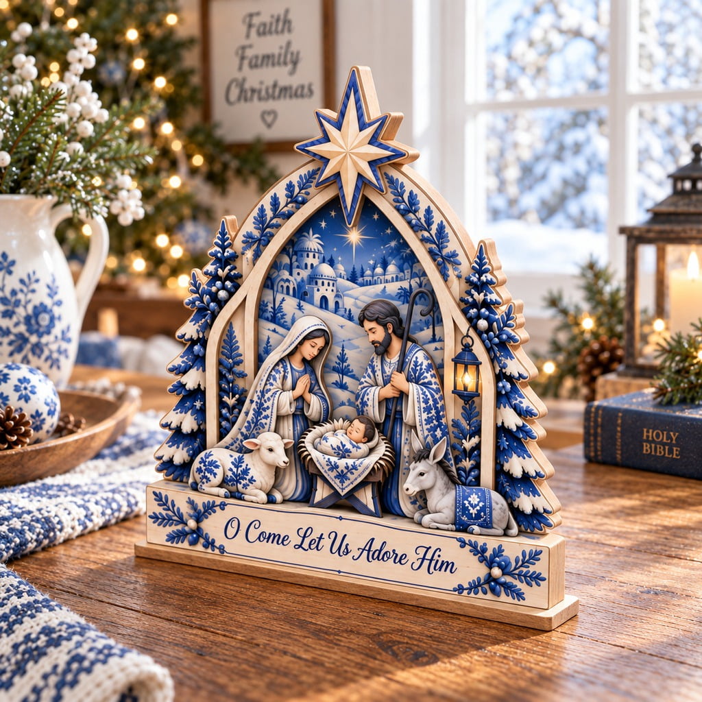 Wooden Block Blue and White Nativity Scene for Tabletop Display, Christian Christmas Gift