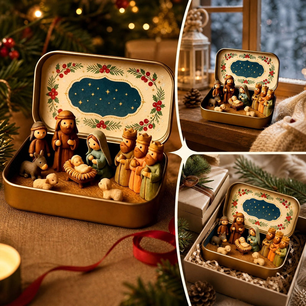 Mini Christmas Nativity Scene Set in a Tin Box Pocket Size Religious Catholic Jesus Holiday Desktop Ornament Decor Keepsake Stocking Stuffer Gifts