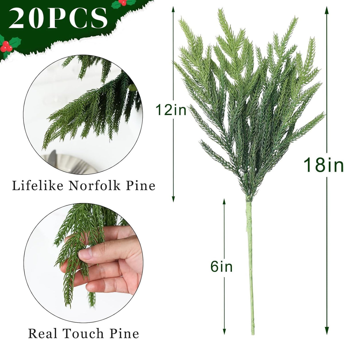 4 PCS Real Touch Norfolk Pine Branches, Artificial Christmas Green Plants Branch Faux Greenery Stem Fake Pine Picks for Vase DIY Crafts Garland Wreath Xmas Indoor Outdoor Decor(17.8 Inches)