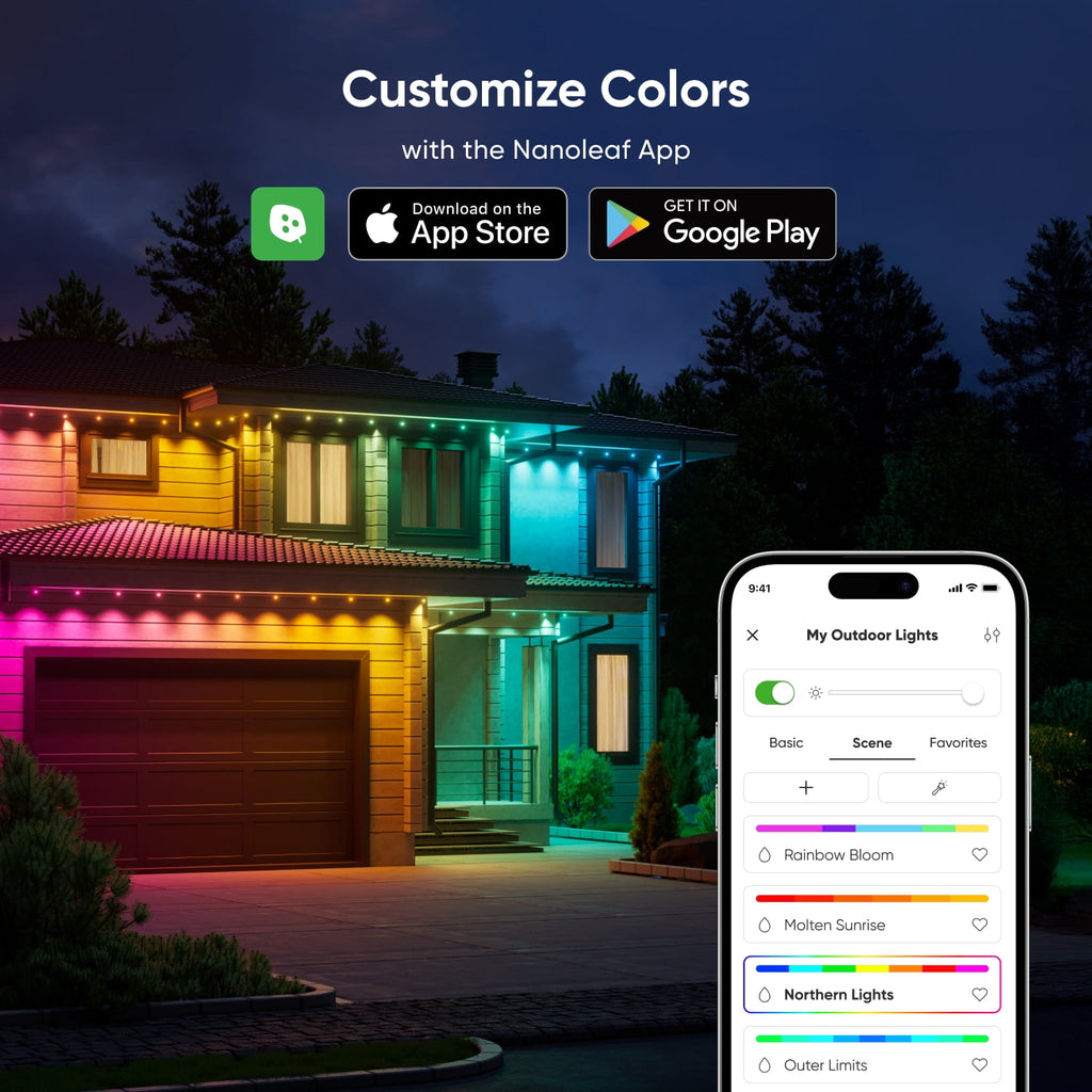 Nanoleaf 50ft Matter Smart Multicolor Permanent Outdoor Lights Smarter Kit with Side Clips – Plug-in RGBICW Addressable LED Pucks, Cuttable & Extendable