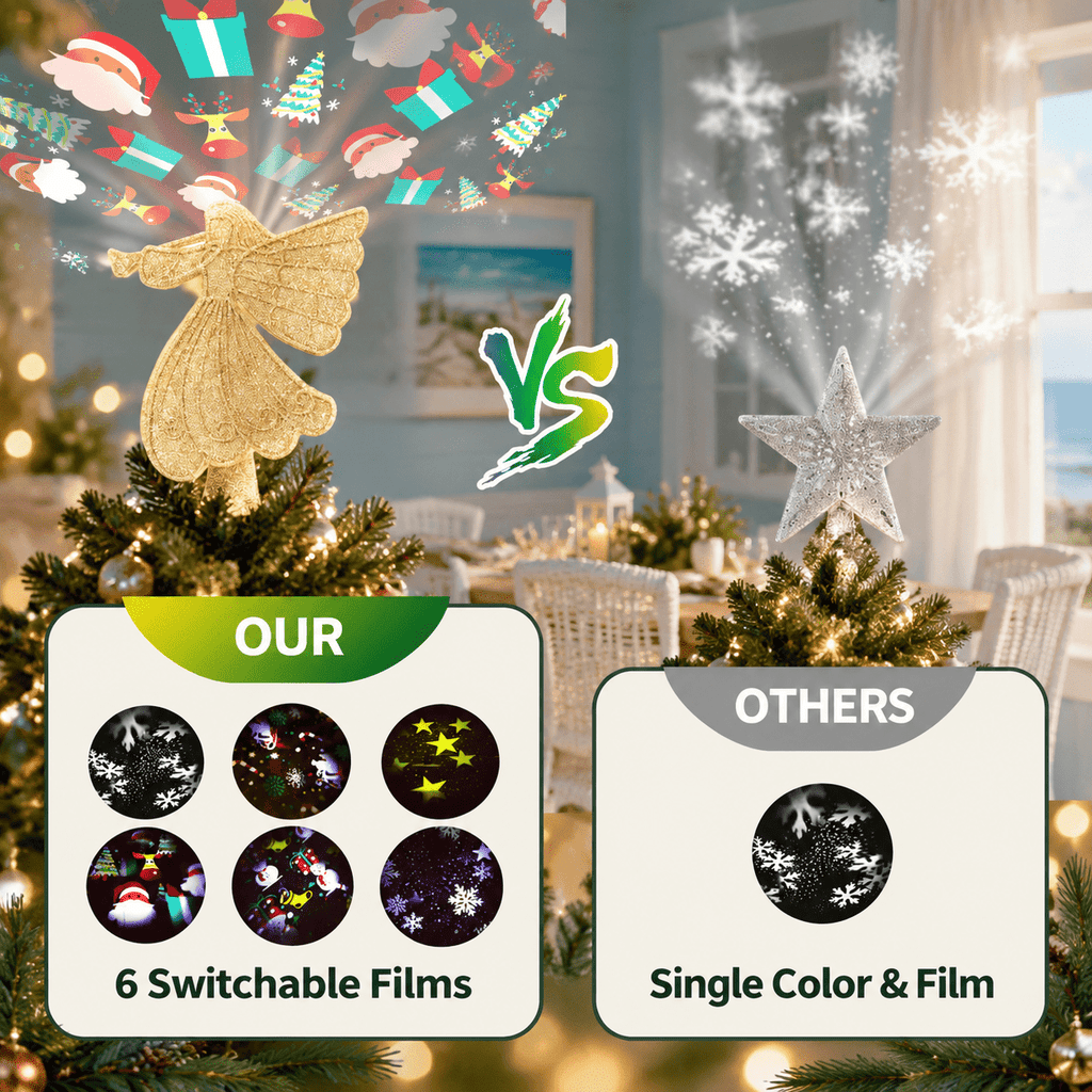Lighted Angel Christmas Tree Topper with 6 Projection Modes and Rotating 3D Glitter Projector