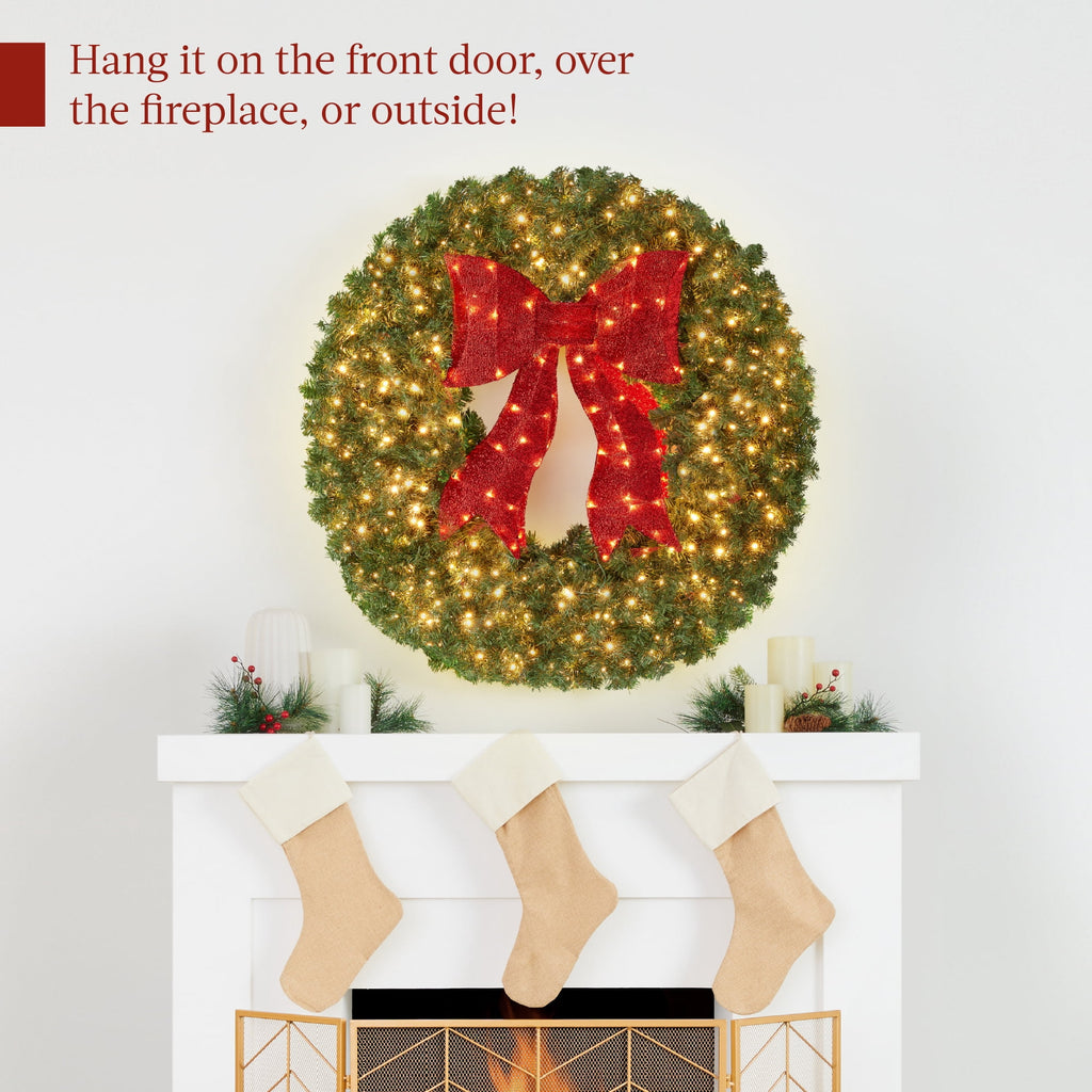 Best Choice Products 48in Artificial Pre-Lit Fir Christmas Wreath Decor w/ Red Bow, 250 LED Lights, 714 Tips, Plug-In