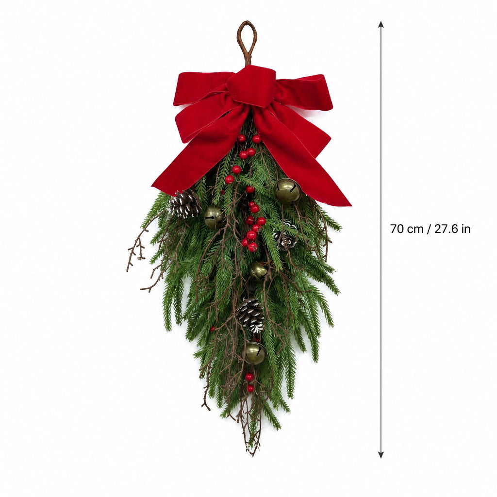 THOPBPRK Artificial Cedar Half Wreath for Front Door Christmas Decorations DIY Holiday with Bow Winter Hanging Ornament for Wall Window Home Decor, 23.6" A