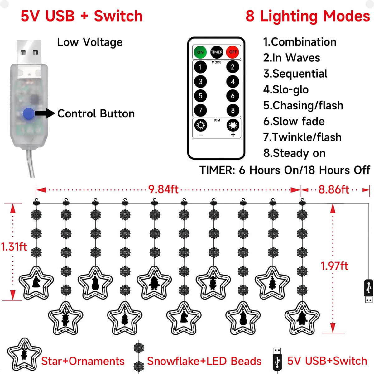 WILLED Christmas String Lights, 120 LED Window Curtain Lights with Christmas Ornaments, 9.8ft USB Powered Warm White Waterproof Fairy Lights Indoor Outdoor for Xmas Tree Patio Garden Party Home Decor