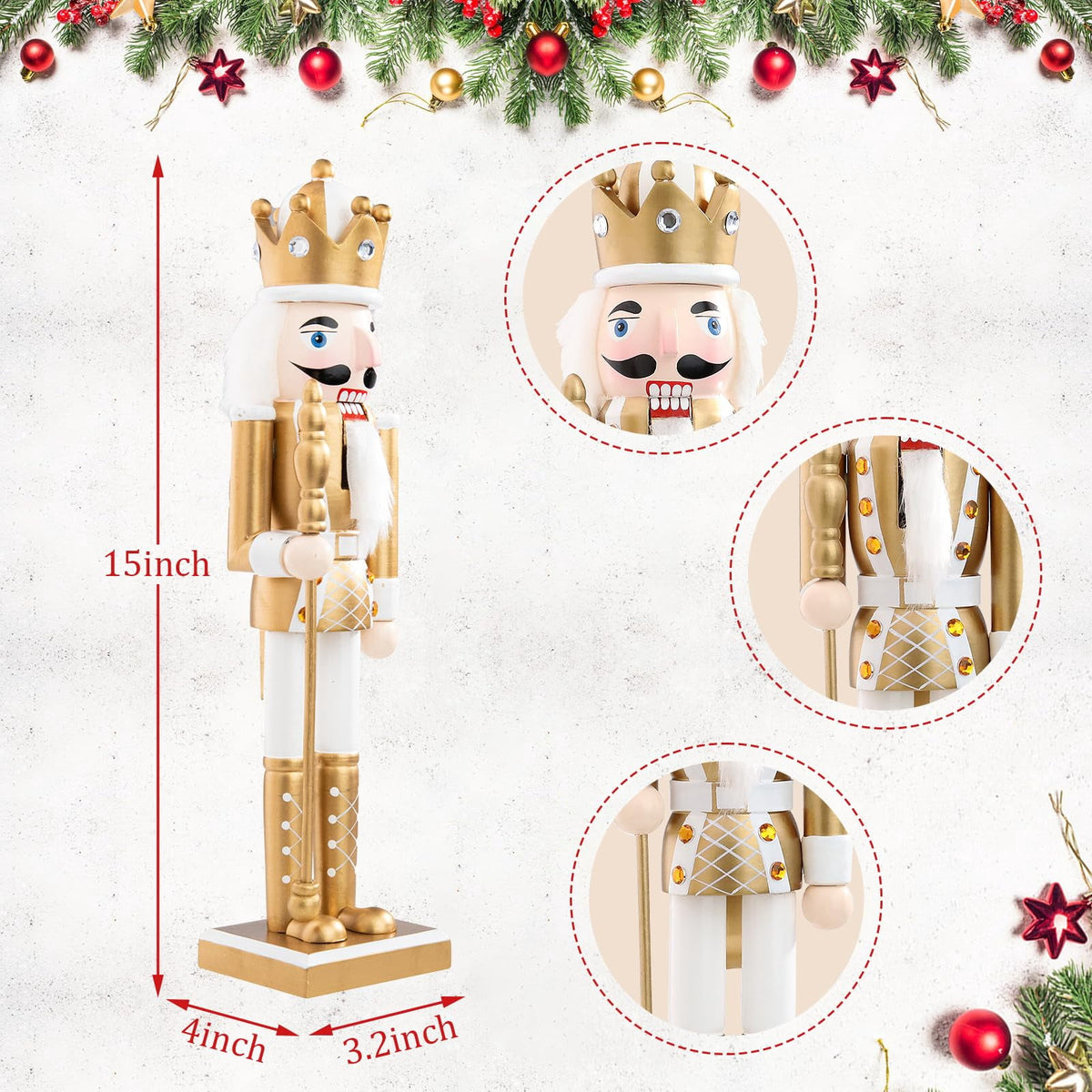 Apec's Nutcracker Christmas Decor,15 Inch Wooden Gold King Figures Holiday Decor V12