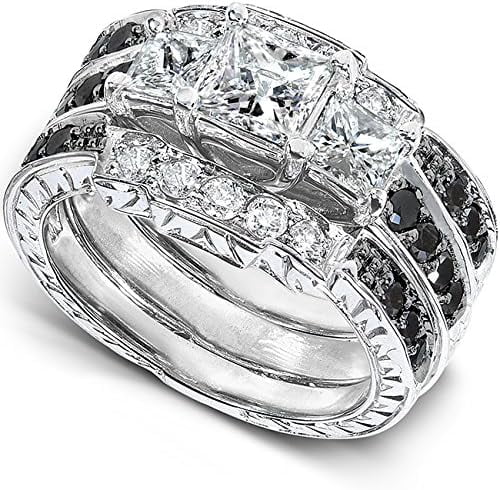 Gems Jewels 925 Sterling Silver 2.40 Ct Princess Cut White & Black Diamond Wedding Engagement Valentine's Anniversary Christmas Bridal Ring Set 14K White Gold Plated For Women's -5