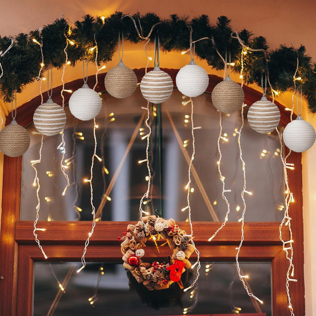 9Pcs 9 Pcs 2.36 Inch Christmas Ball Ornaments Farmhouse Jute Rope Hanging Balls Burlap Neutral Rustic Ornaments for Xmas Tree Holiday Wreath Garland Wedding Home(White,Beige,Dark Brown)