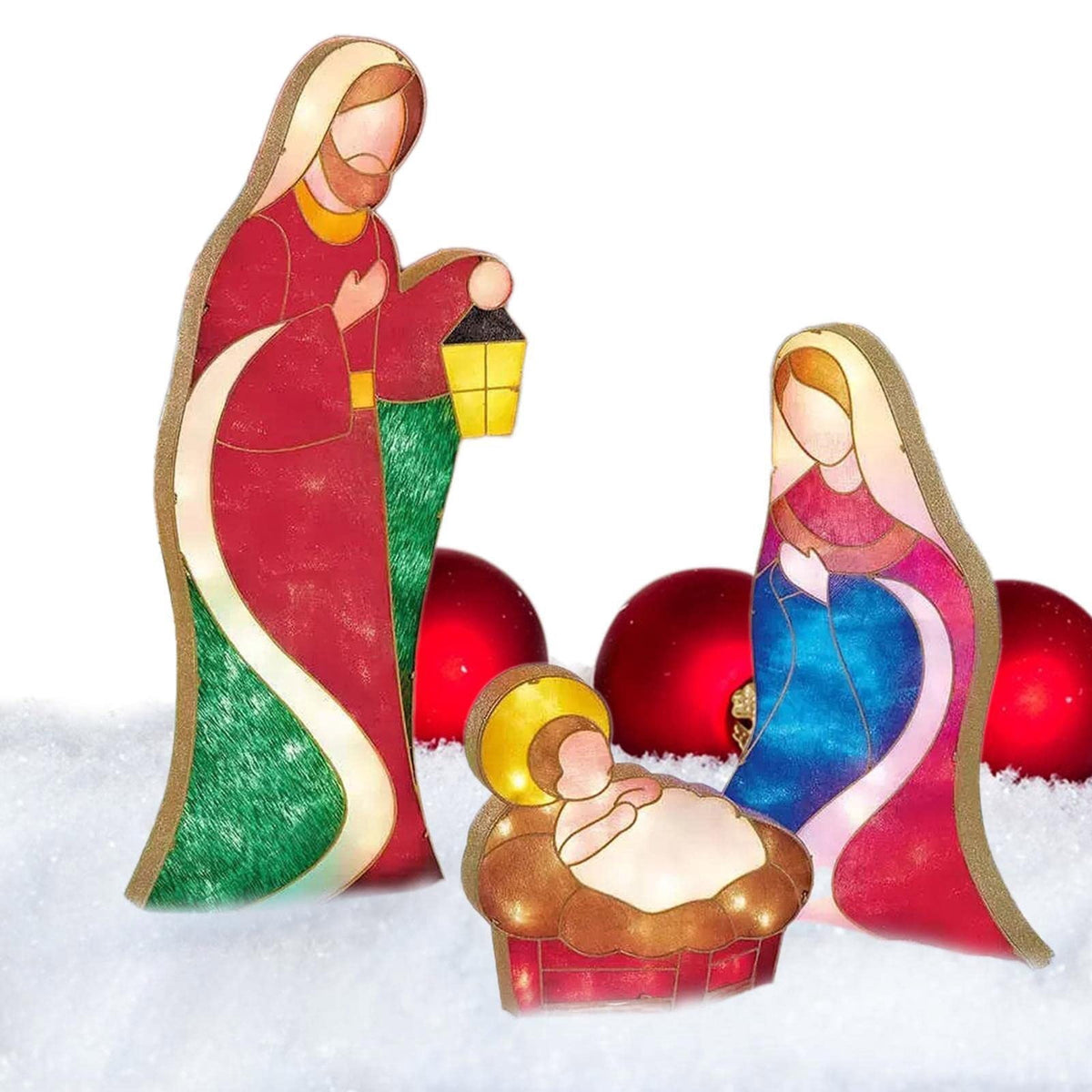 Mini Outdoor Lighted Nativity Scene Set, 9.06 -11. Inches Stained Acrylic Holy Family Decor, Easy Assemble Religious Christmas Yard Decoration for Garden Lawn