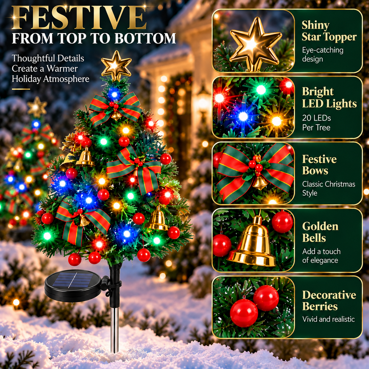2 Pack Solar Powered Christmas Tree Lights, Outdoor Holiday Decor with 40 Bright LEDs, Waterproof Xmas Garden Decorations for Pathway, Yard, Grave and Lawn