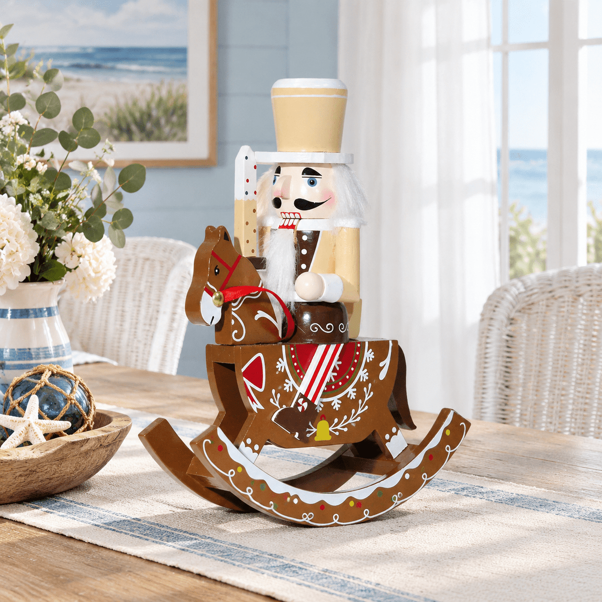 Gingerbread Wooden Nutcracker Rocking Horse Soldier Figurine 10 In Indoor Christmas Decor