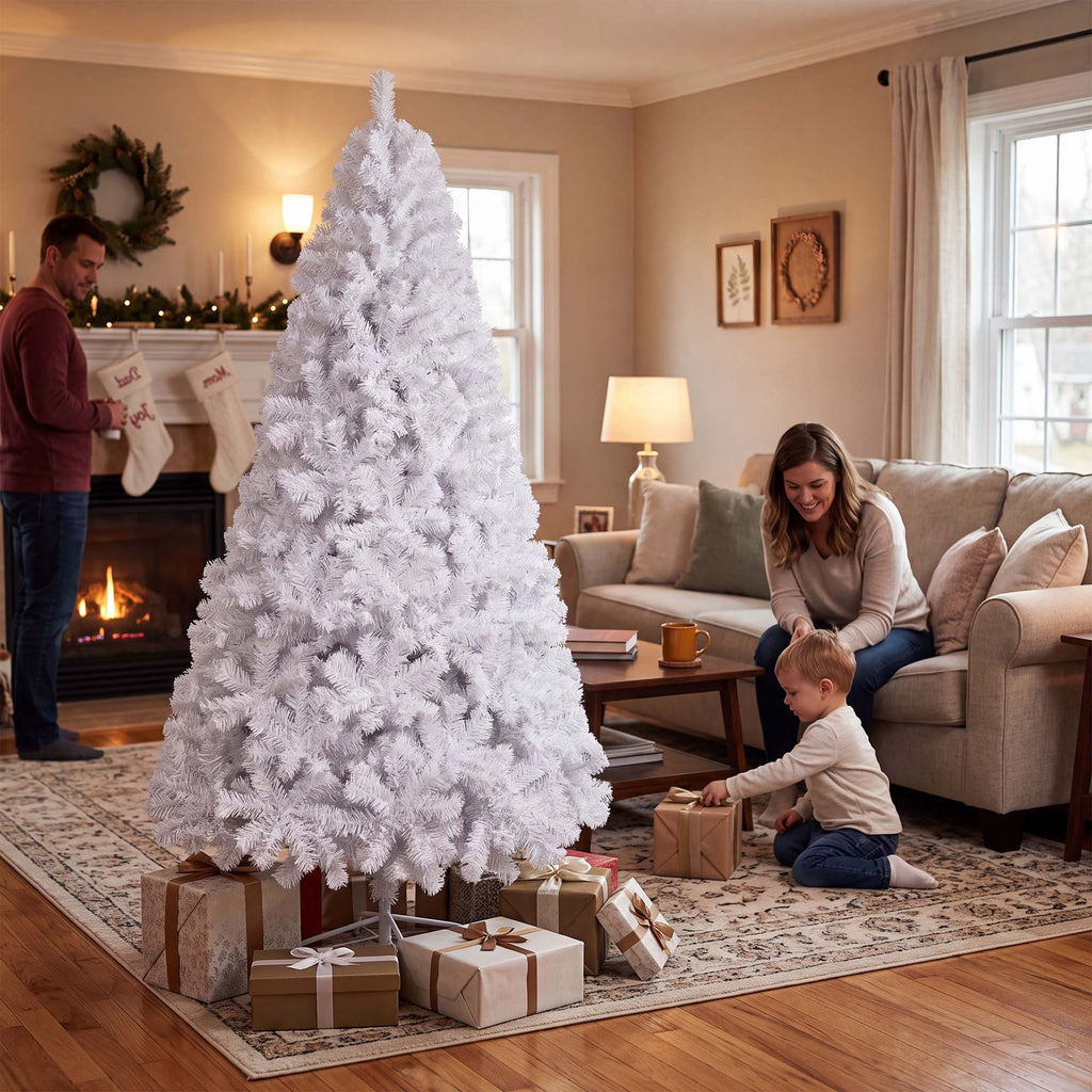 Yexmas Pre-Lit Artificial Christmas Tree,6ft White Christmas Tree with 300 Warm White & Multicolor Lights,Xmas Tree for Home, Holiday Party Decorations