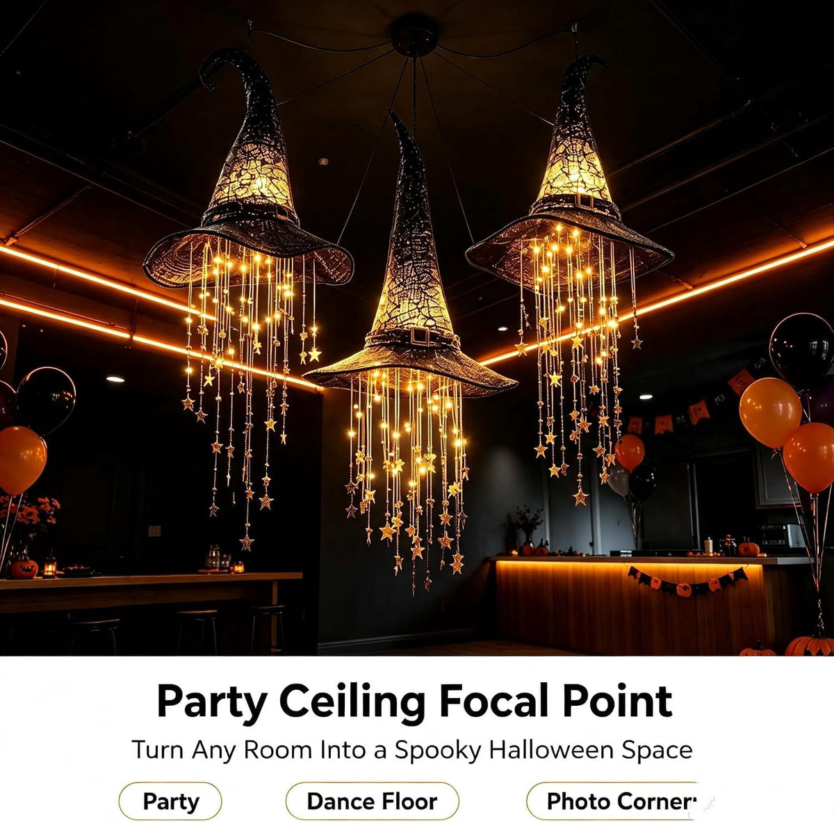 Lighted Witch Hat Hanging Chime 3Pack LED Star Garland Halloween Decoration Indoor Outdoor Yard Porch1PC