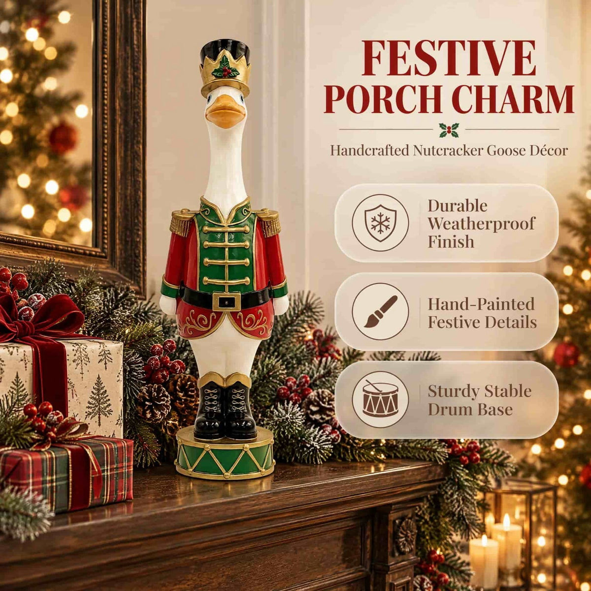 Qiulaii Christmas Faux Nutcracker Resin Statue, Festive Soldier Figurine for Mantel Porch Shelf Holiday Home Decor