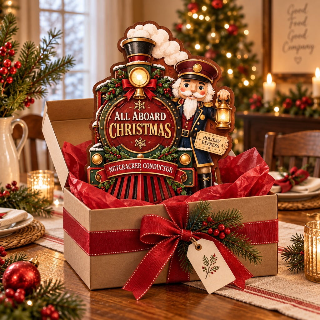 Layered Wooden Tabletop Display Nutcracker Train Conductor Christmas