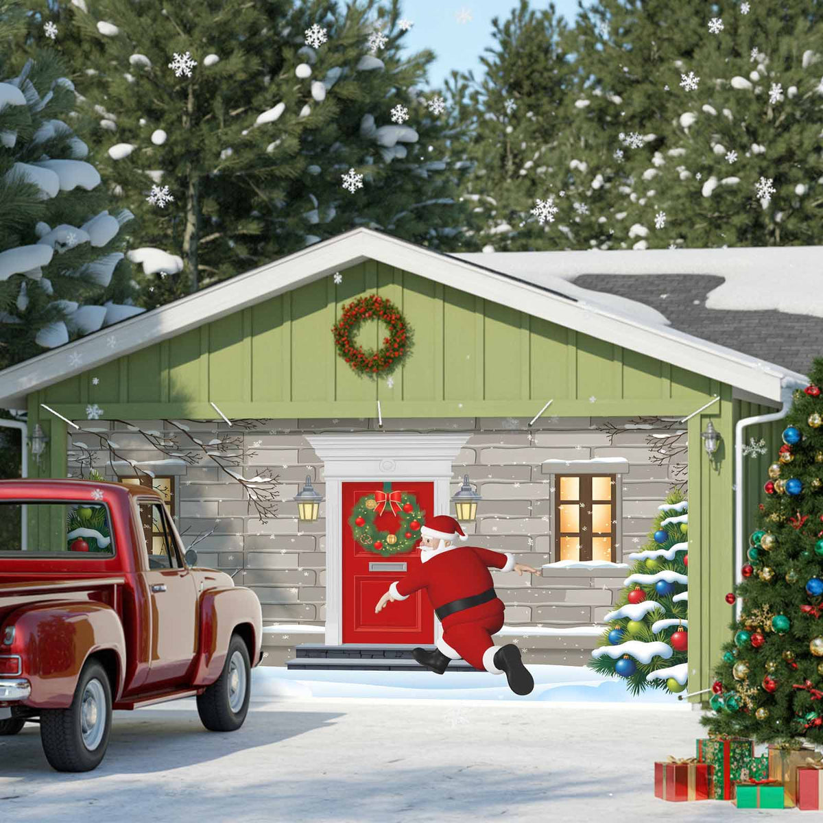 Fsddascl 7 x 16 Ft Christmas Garage Door Cover, Black Christmas Tree Large Garage Door Banner, Xmas Snowflake Green Golden Hanging Garage Mural Background for Indoor Outdoor Xmas Party Supplies