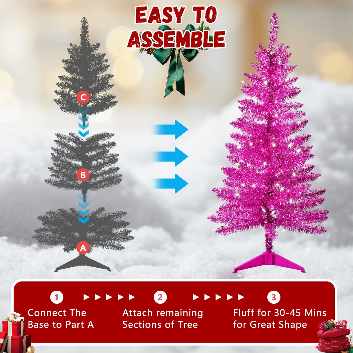 Bringstar 4FT Silver Artificial Christmas Tree with 50 String Lights, Mini Tinsel Tree, Not Pre-Lit, for Halloween & Holiday Home & Office Décor
