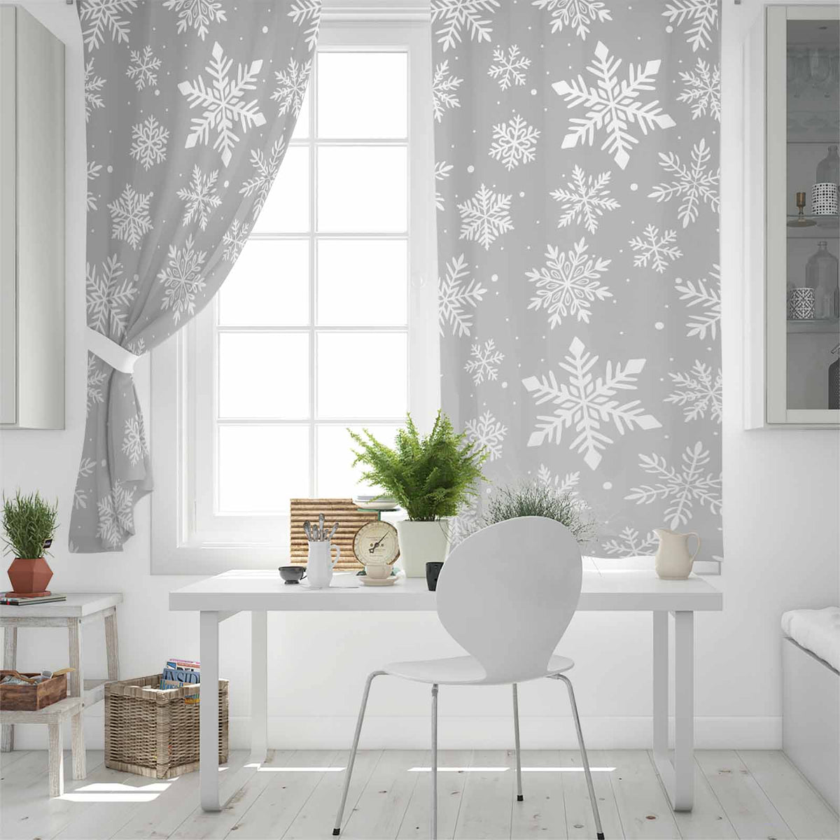 Fsddascl Grey White Snowflake Christmas Blackout Curtains for Bedroom/Living Room, Thermal Insulated Kitchen Curtains, Winter Xmas Snowflakes Grommet Darkening Window Treatment Drapes 42"x84"x2