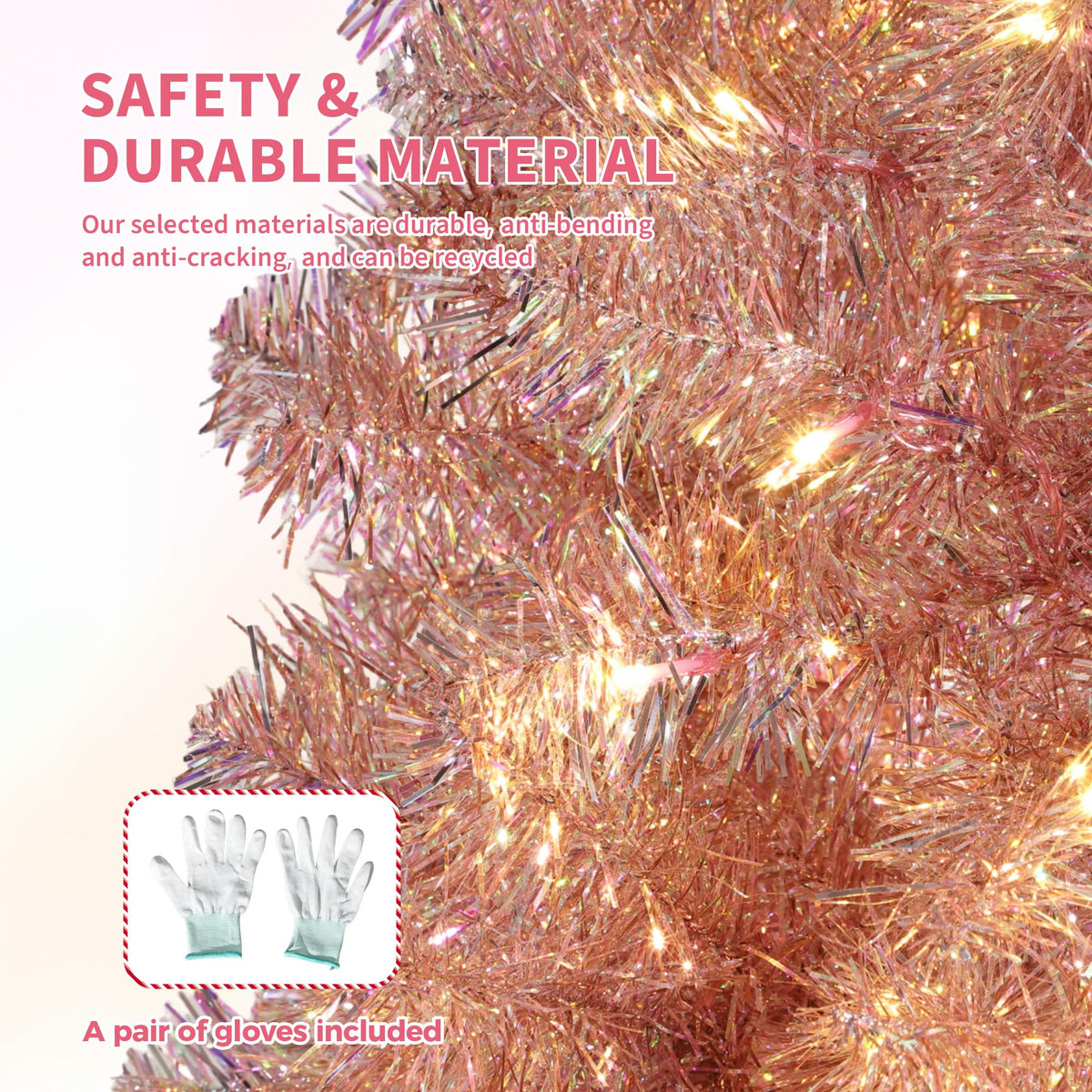 6ft Prelit Snow Flocked Pencil Christmas Tree with 250 Warm White Lights & Foldable Base - Rose Gold Tinsel Holiday Decoration for Home & Office