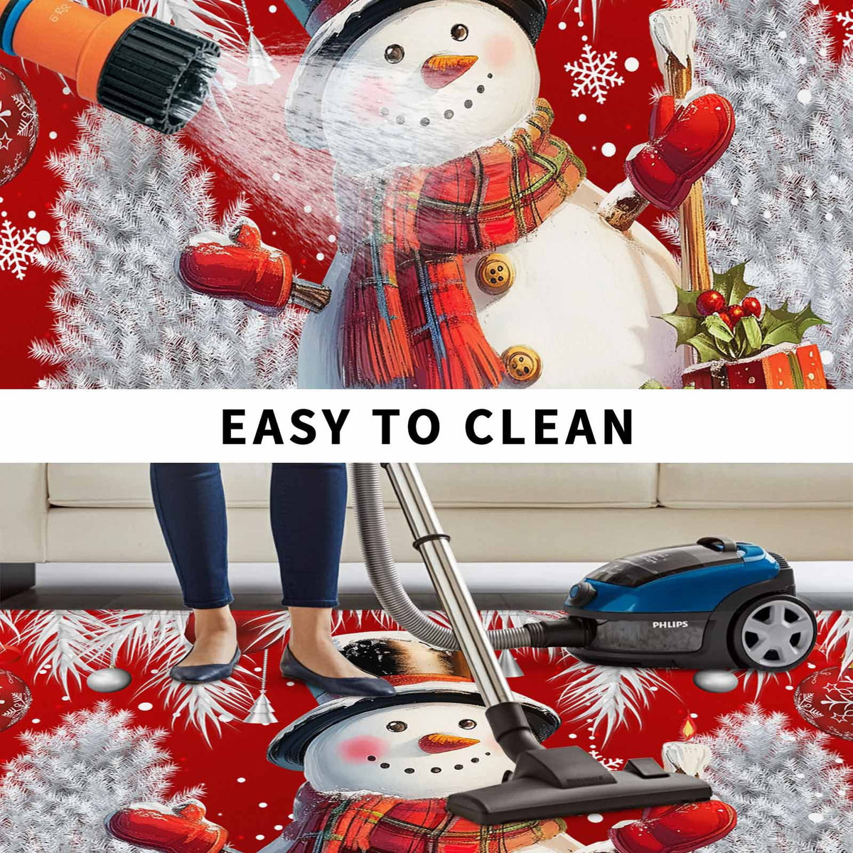 Grey Snowman Christmas Outdoor Rug for Patio/Deck/Porch, Non-Slip Large Area Rug 4 x 6 Ft, Xmas Tree Red Balls Snowflake Indoor Outdoor Rugs Washable Area Rugs, Reversible Camping Rug Carpet Runner