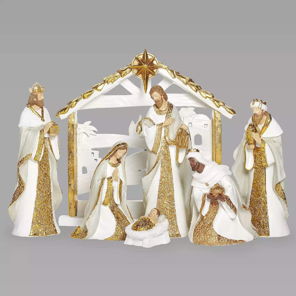 Roman Nativity Scene, Set of 7, White with Gold Pattern, 11-inch Height, Resin
