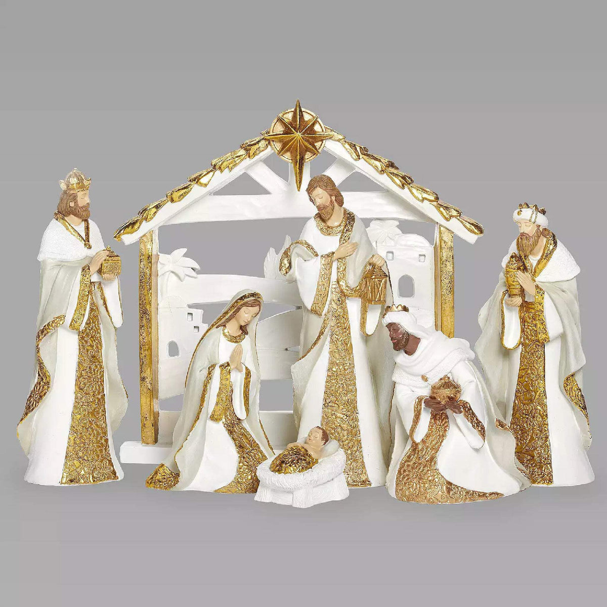 Roman Nativity Scene, Set of 7, White with Gold Pattern, 11-inch Height, Resin