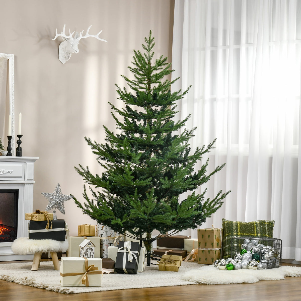 72"H Green Nordic Pine Artificial Christmas Tree, 795 Tips with 2 Layering Kinds, Hinge Section Design for Quick Setup, Flame Retardant, Wide Metal Base, Indoor Holiday Decor